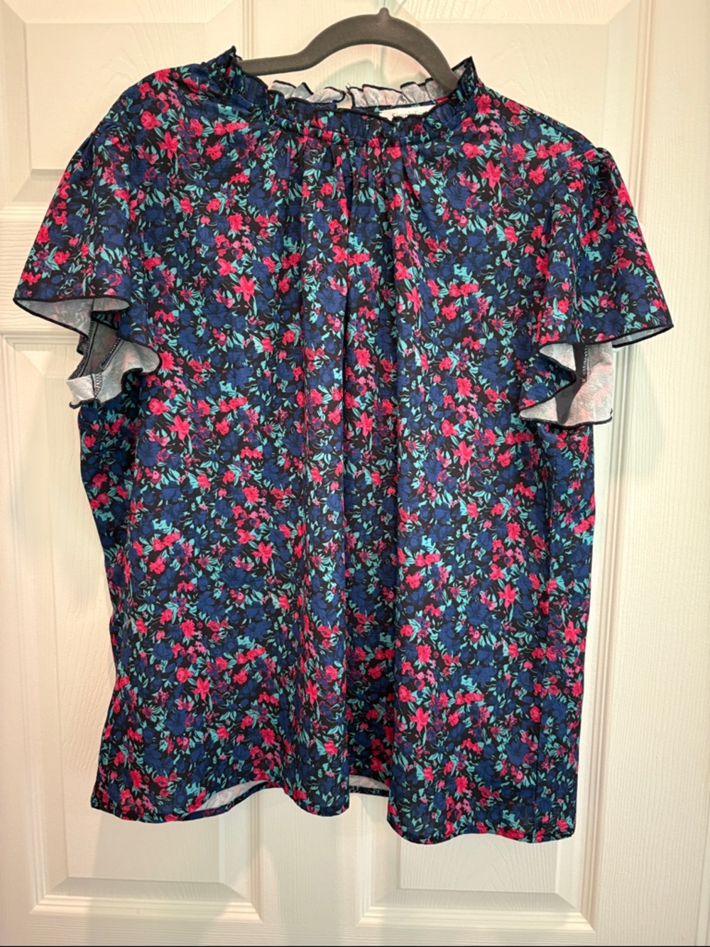 Simple Fun Navy Floral Ruffle-Sleeve Blouse with Pink Accents